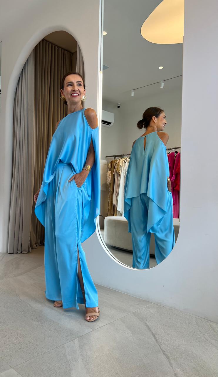 Conjunto Blusa Marília+ Calça Juliana Azul Acetinado