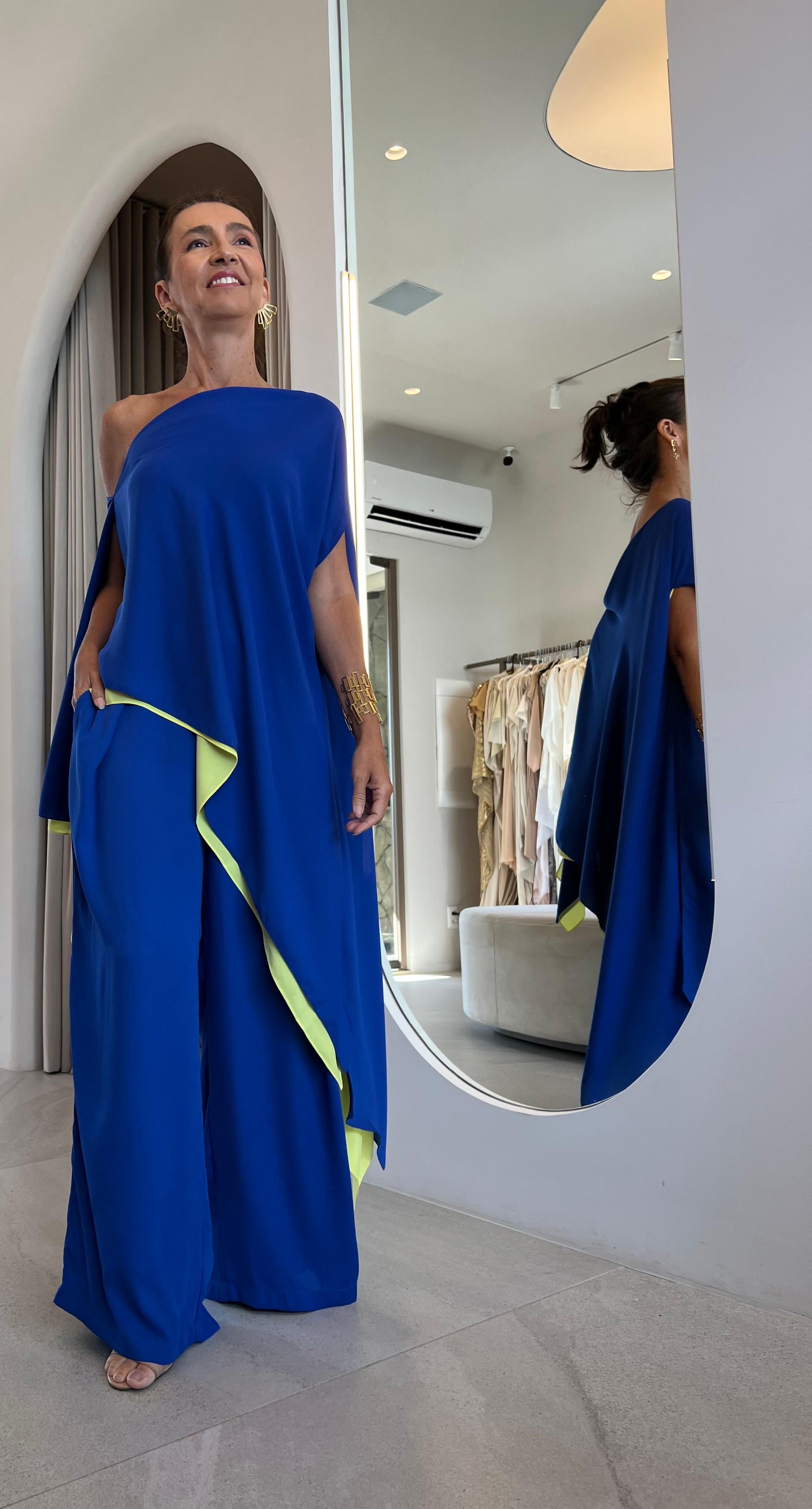 Conjunto Blusa Isis + Calça Juliana Azul e Amarelo