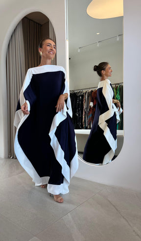 Kaftan Bordas Azul Marinho e Bordas OFF White