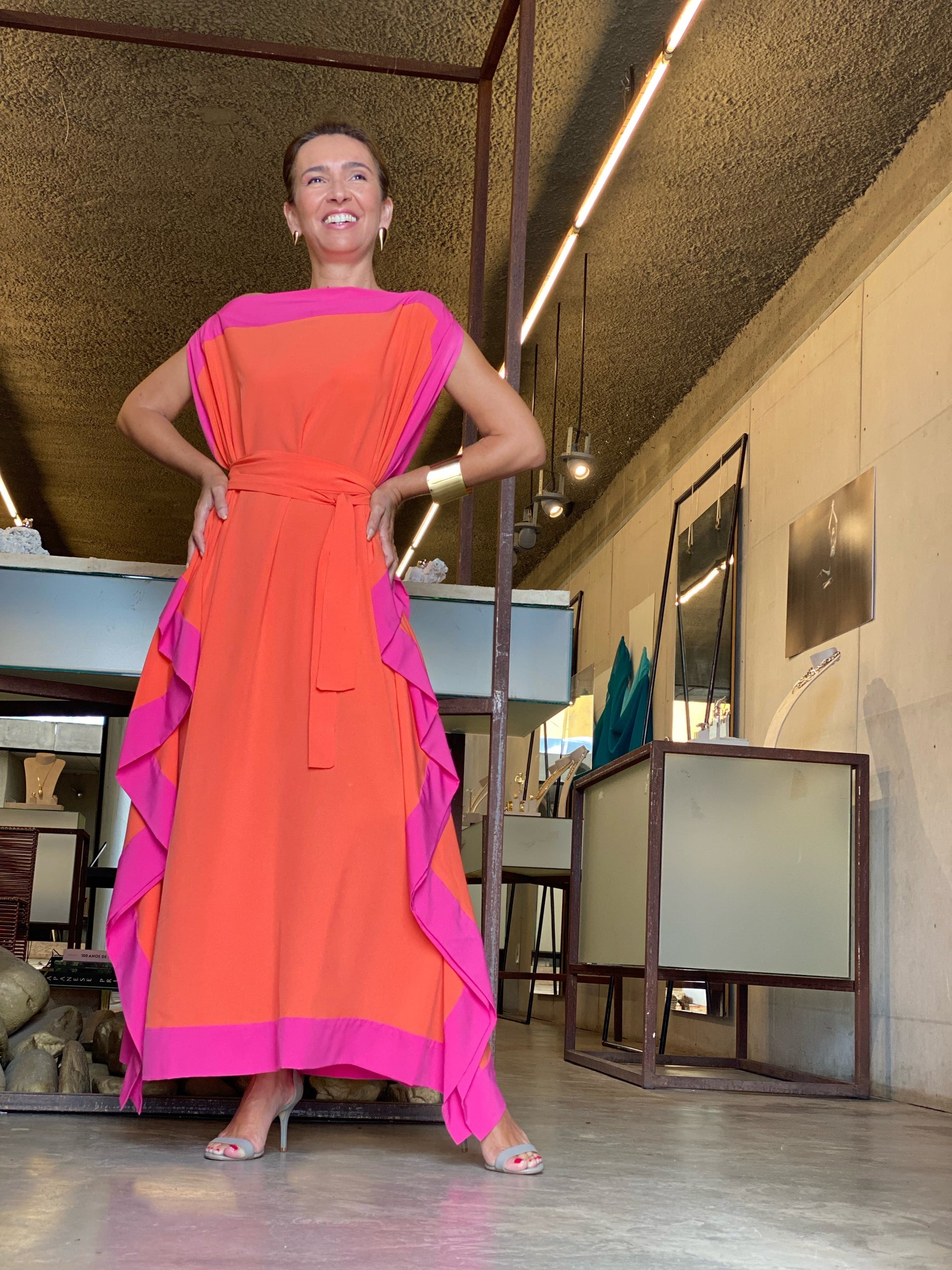 Kaftan Bordas Laranja e Pink com Faixa