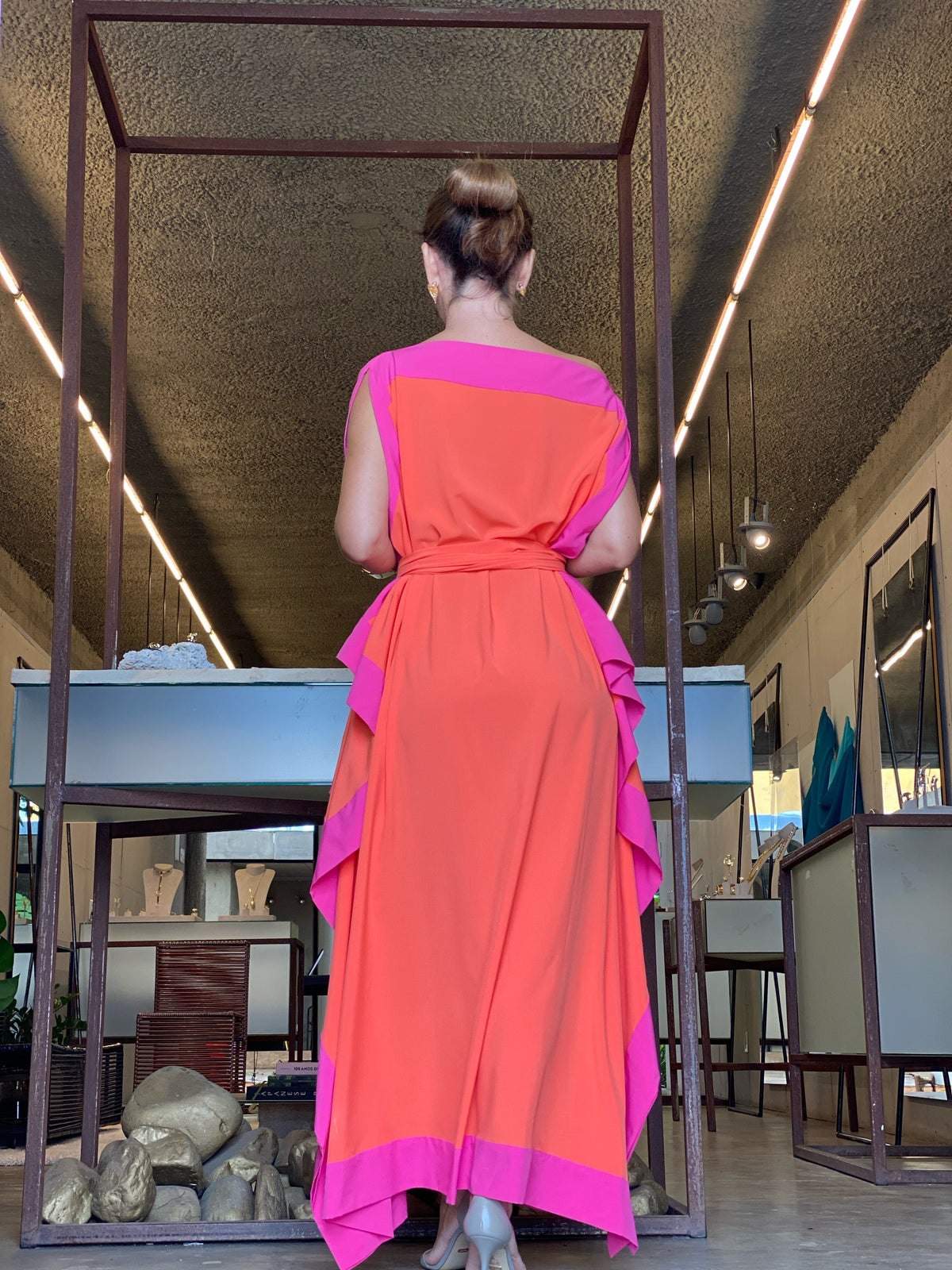 Kaftan Bordas Laranja e Pink com Faixa